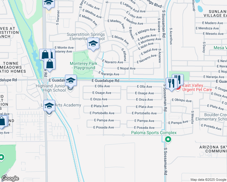 map of restaurants, bars, coffee shops, grocery stores, and more near 7236 East Onza Avenue in Mesa
