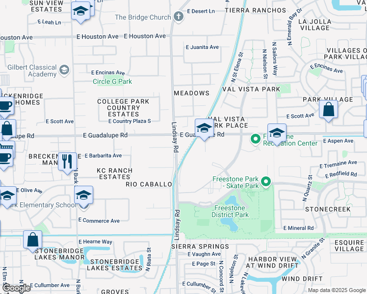 map of restaurants, bars, coffee shops, grocery stores, and more near 765 North Lindsay Road in Gilbert