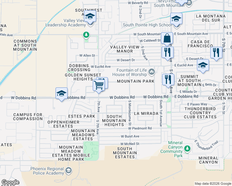 map of restaurants, bars, coffee shops, grocery stores, and more near 509 West Dobbins Road in Phoenix