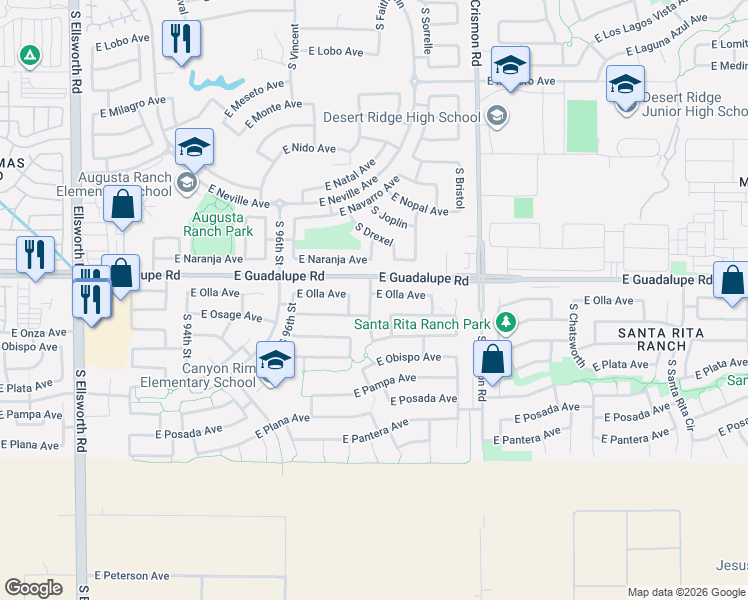 map of restaurants, bars, coffee shops, grocery stores, and more near 9825 East Osage Avenue in Mesa