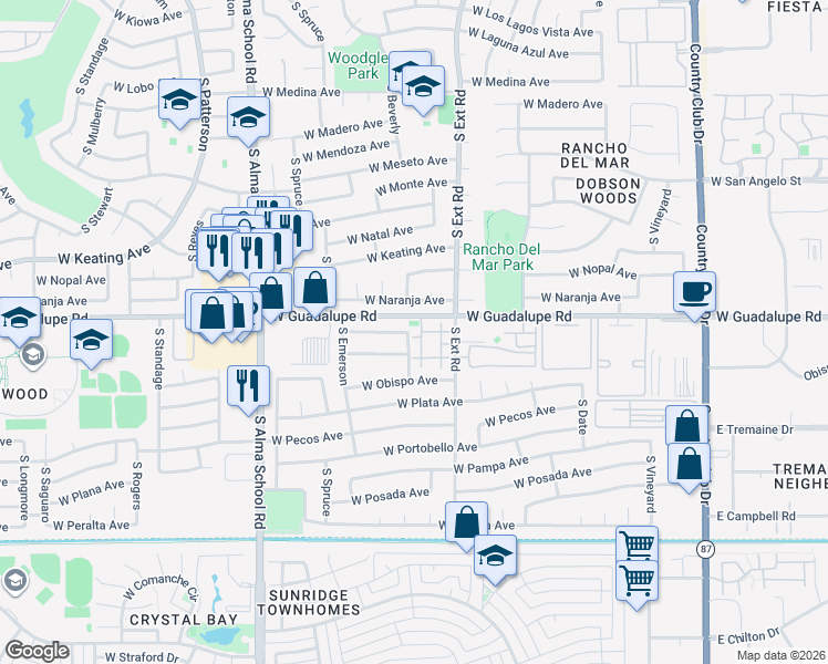 map of restaurants, bars, coffee shops, grocery stores, and more near 905 West Osage Avenue in Mesa