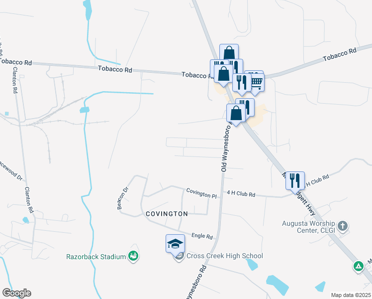 map of restaurants, bars, coffee shops, grocery stores, and more near 1478 Kingsman Drive in Augusta