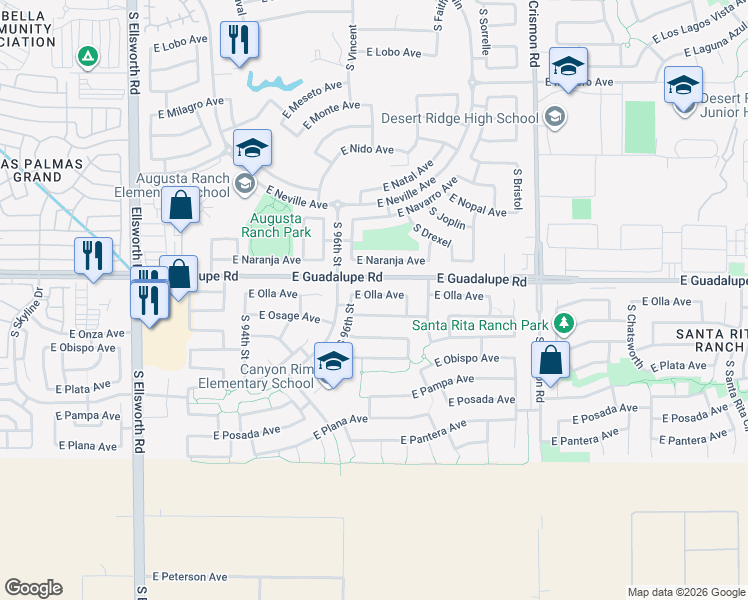 map of restaurants, bars, coffee shops, grocery stores, and more near 9643 East Olla Avenue in Mesa