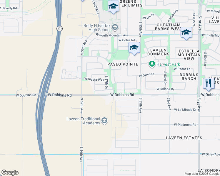 map of restaurants, bars, coffee shops, grocery stores, and more near 9006 South 56th Glen in Phoenix