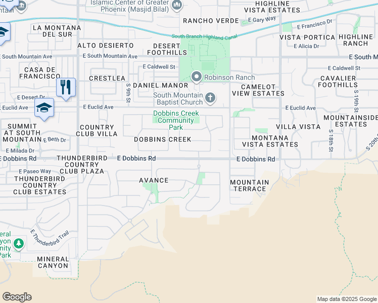 map of restaurants, bars, coffee shops, grocery stores, and more near 1205 East Milada Drive in Phoenix