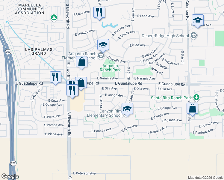 map of restaurants, bars, coffee shops, grocery stores, and more near 9401 East Guadalupe Road in Mesa