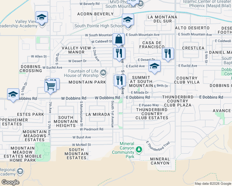 map of restaurants, bars, coffee shops, grocery stores, and more near 103 West Beth Drive in Phoenix