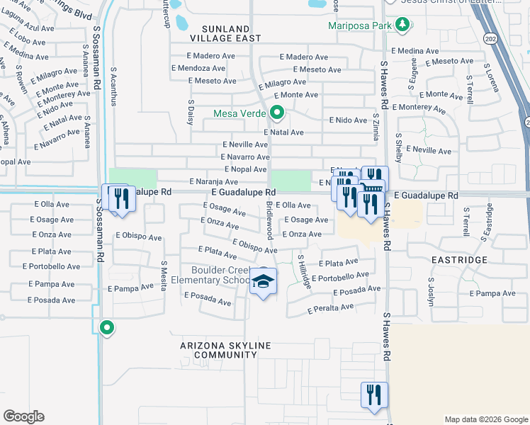map of restaurants, bars, coffee shops, grocery stores, and more near 8064 East Olla Avenue in Mesa