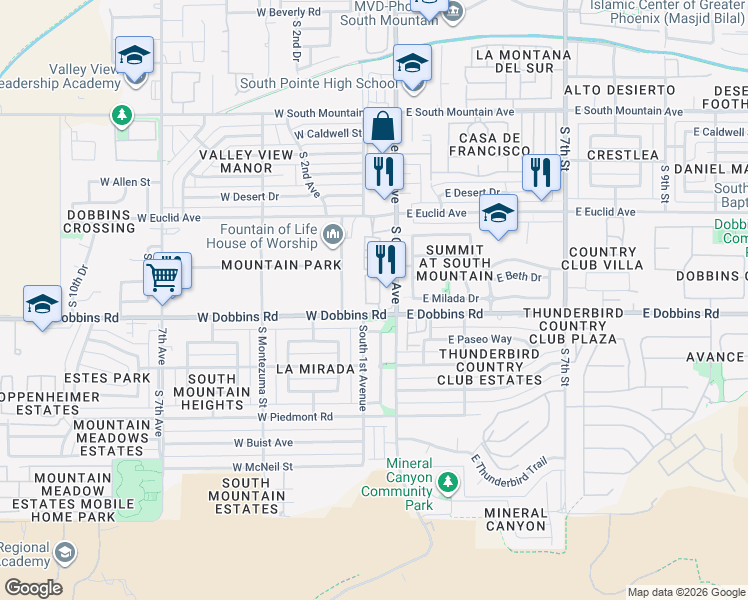 map of restaurants, bars, coffee shops, grocery stores, and more near 103 West Beth Drive in Phoenix