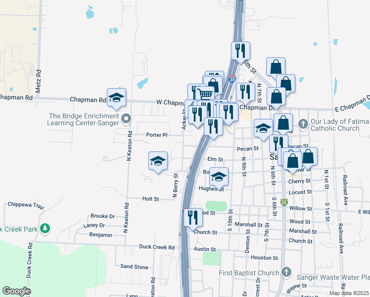map of restaurants, bars, coffee shops, grocery stores, and more near 304 Acker Street in Sanger