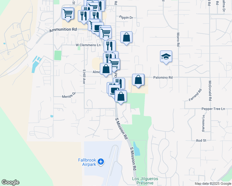 map of restaurants, bars, coffee shops, grocery stores, and more near 2 Laurine Lane in Fallbrook