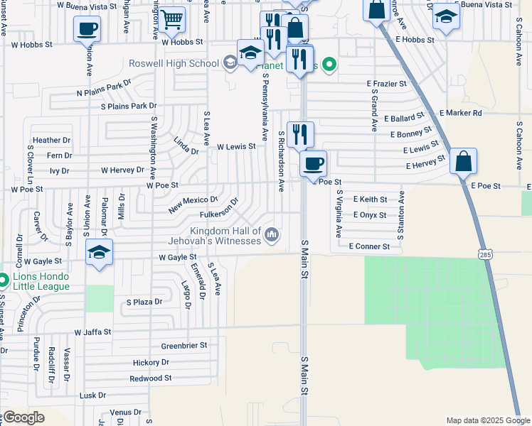map of restaurants, bars, coffee shops, grocery stores, and more near 342 West Onyx Street in Roswell
