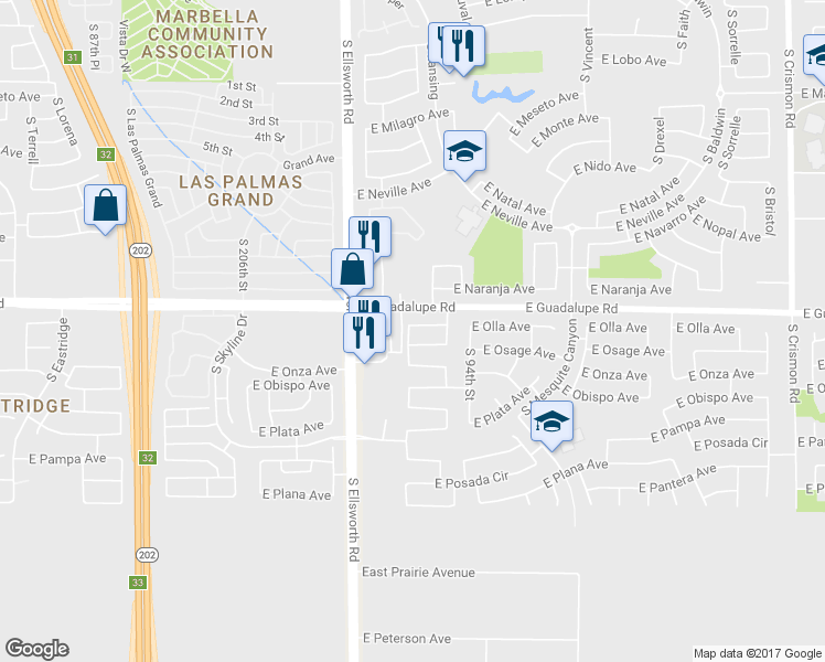 map of restaurants, bars, coffee shops, grocery stores, and more near 9307 East Olla Avenue in Mesa