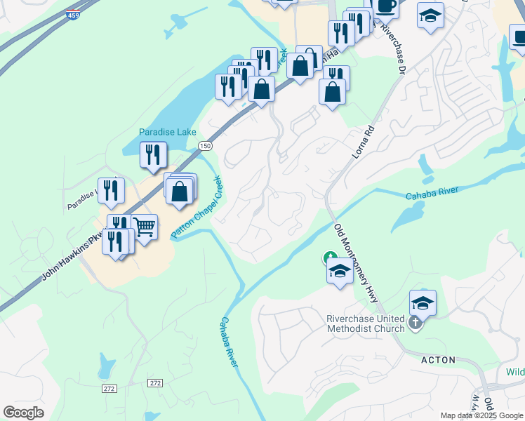 map of restaurants, bars, coffee shops, grocery stores, and more near 1305 Crowne Reserve Drive in Hoover