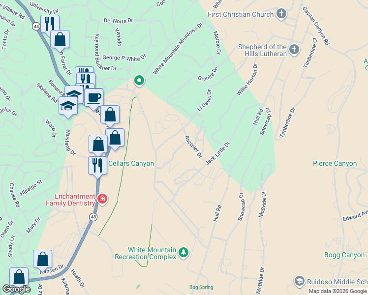 map of restaurants, bars, coffee shops, grocery stores, and more near 202 Racquet Drive in Ruidoso
