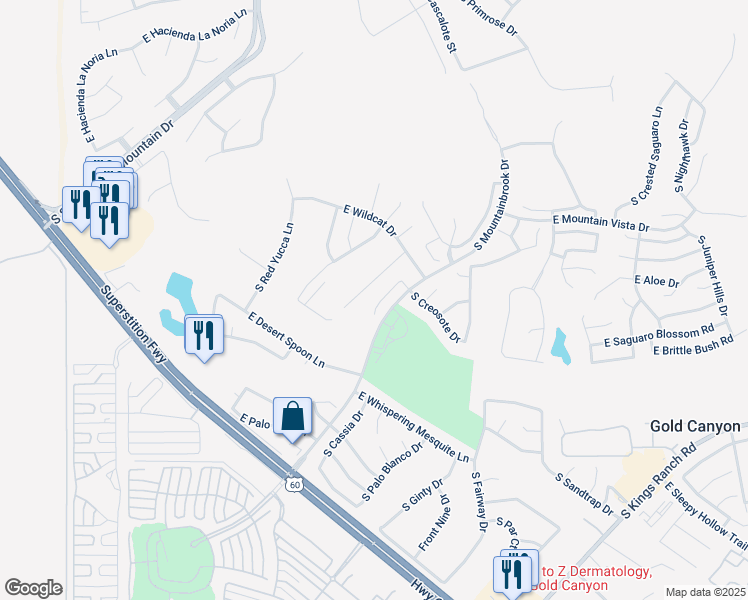 map of restaurants, bars, coffee shops, grocery stores, and more near 5523 South Indigo Drive in Gold Canyon
