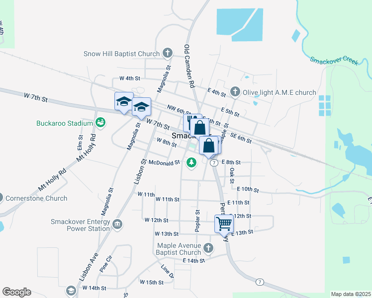 map of restaurants, bars, coffee shops, grocery stores, and more near 800 South Broadway Street in Smackover