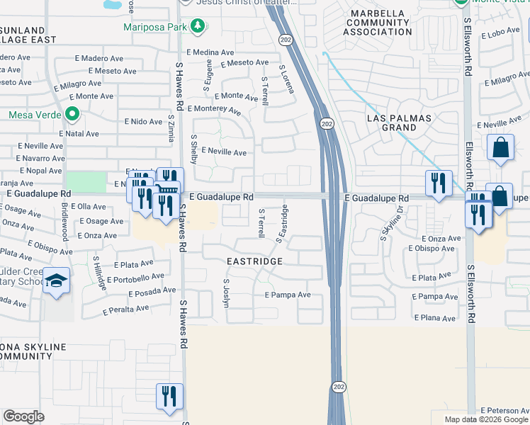 map of restaurants, bars, coffee shops, grocery stores, and more near 8636 East Olla Avenue in Mesa