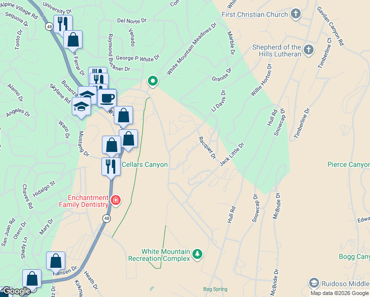 map of restaurants, bars, coffee shops, grocery stores, and more near 111-177 L L Davis Drive in Ruidoso