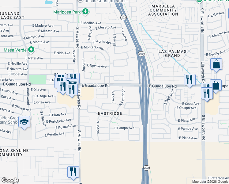 map of restaurants, bars, coffee shops, grocery stores, and more near 8636 East Olla Avenue in Mesa