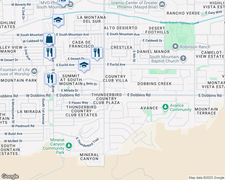 map of restaurants, bars, coffee shops, grocery stores, and more near 9025 South 7th Place in Phoenix