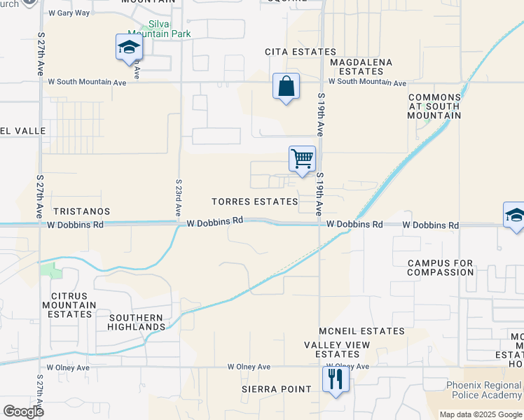 map of restaurants, bars, coffee shops, grocery stores, and more near 2064 West Dobbins Road in Phoenix