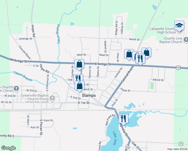 map of restaurants, bars, coffee shops, grocery stores, and more near 804 Opera Street in Stamps