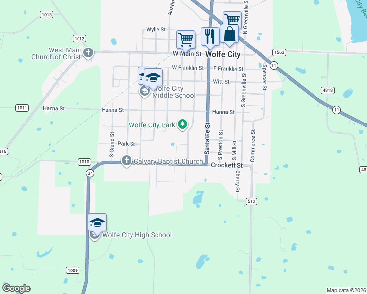 map of restaurants, bars, coffee shops, grocery stores, and more near 700 Manson Street in Wolfe City