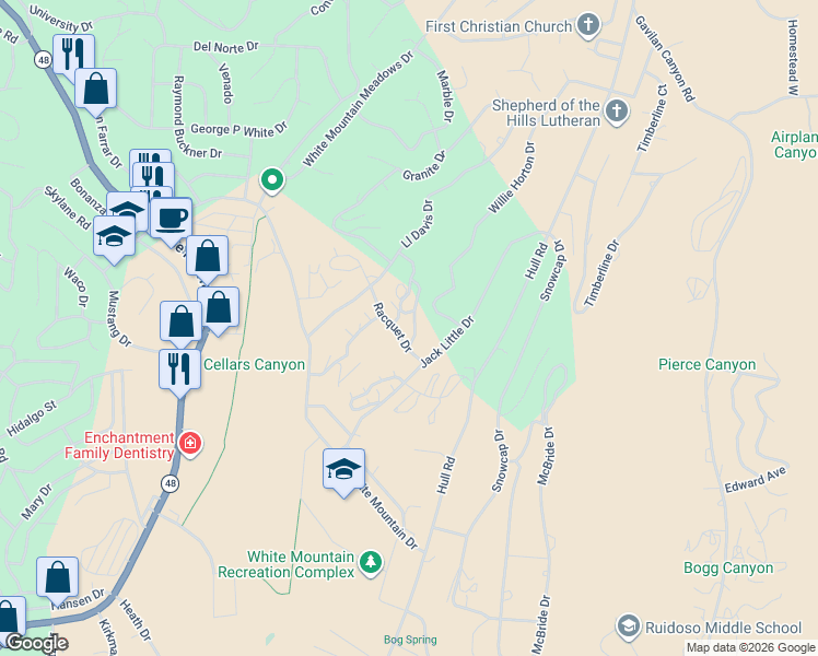 map of restaurants, bars, coffee shops, grocery stores, and more near 101 Racquet Place in Ruidoso