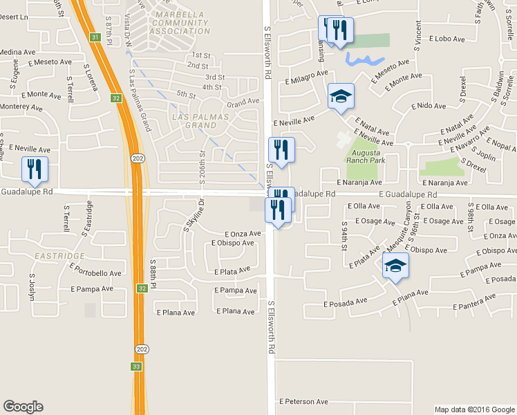 map of restaurants, bars, coffee shops, grocery stores, and more near 9151 East Guadalupe Road in Mesa