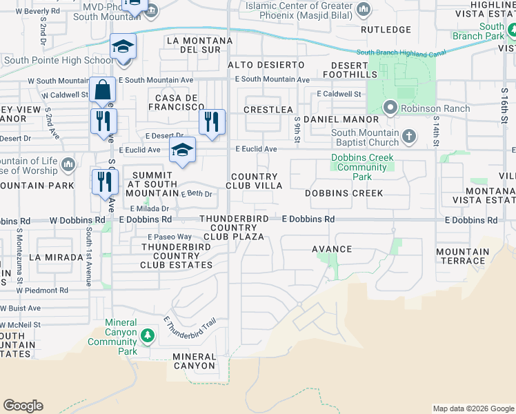 map of restaurants, bars, coffee shops, grocery stores, and more near 801 East Hazel Drive in Phoenix