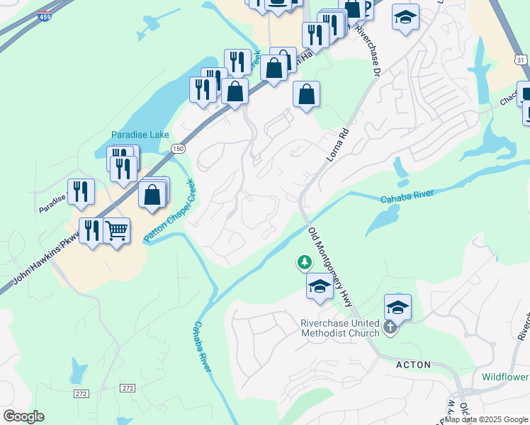 map of restaurants, bars, coffee shops, grocery stores, and more near 3850 Galleria Woods Drive in Hoover