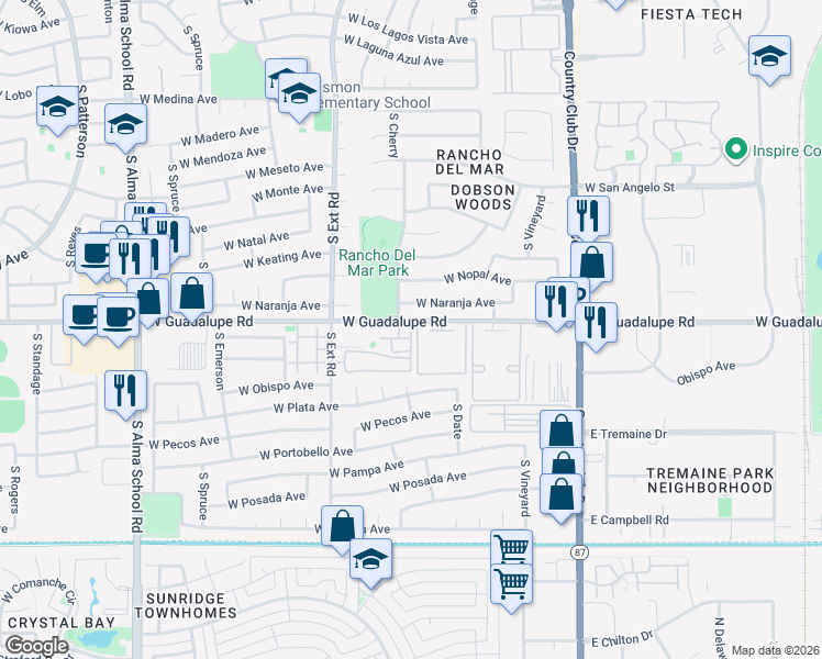 map of restaurants, bars, coffee shops, grocery stores, and more near 663 West Naranja Avenue in Mesa