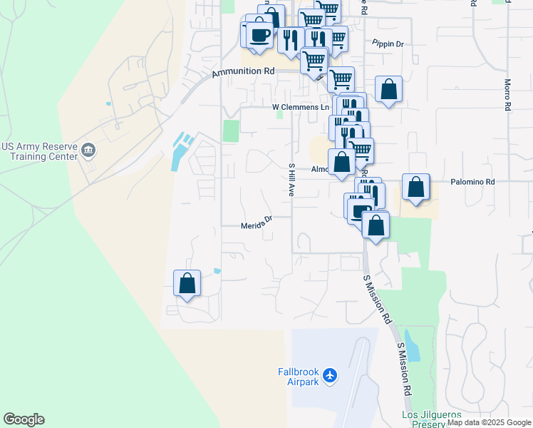 map of restaurants, bars, coffee shops, grocery stores, and more near 1584 Malaga Way in Fallbrook