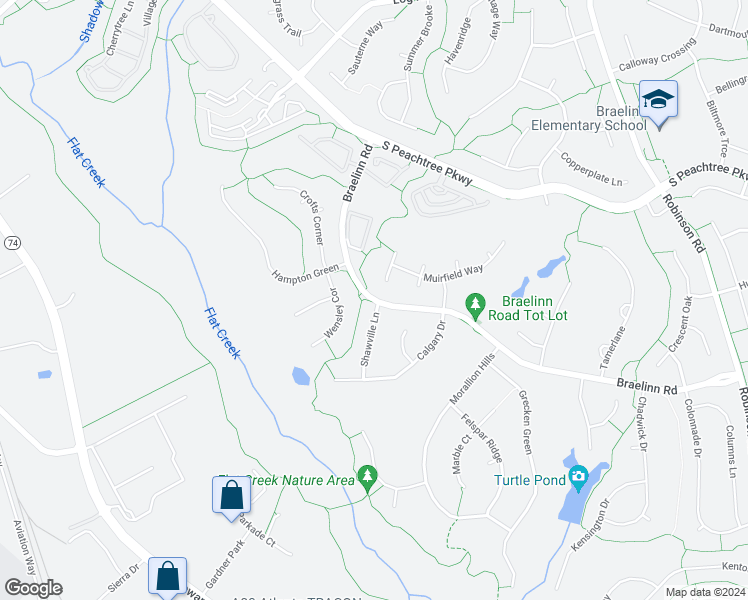 map of restaurants, bars, coffee shops, grocery stores, and more near 158 Braelinn Road in Peachtree City
