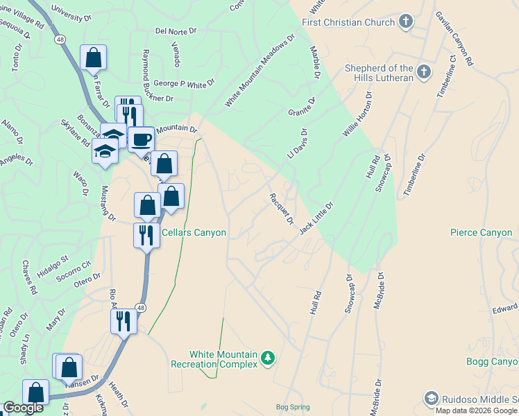 map of restaurants, bars, coffee shops, grocery stores, and more near 111-177 L L Davis Drive in Ruidoso