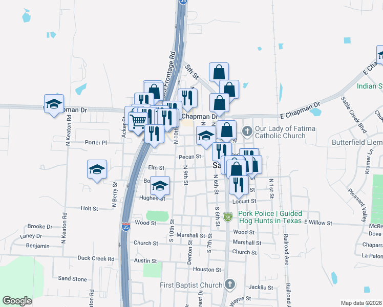 map of restaurants, bars, coffee shops, grocery stores, and more near 513 North 7th Street in Sanger