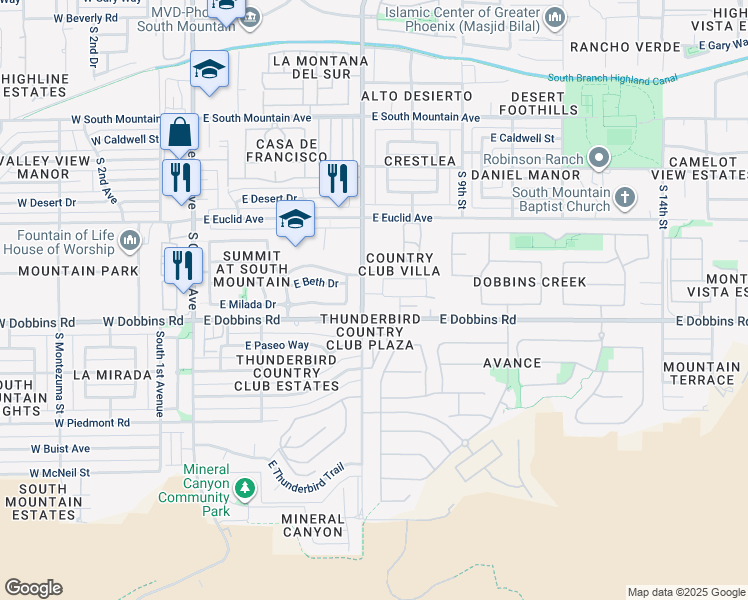 map of restaurants, bars, coffee shops, grocery stores, and more near 9025 South 7th Place in Phoenix