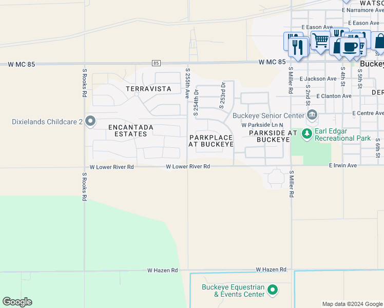 map of restaurants, bars, coffee shops, grocery stores, and more near 9052 South 254th Drive in Buckeye