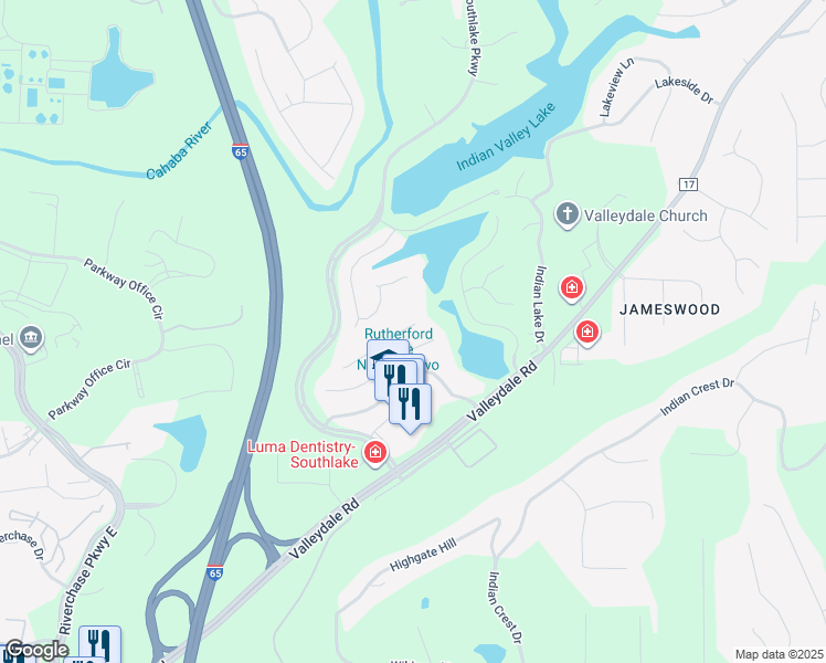 map of restaurants, bars, coffee shops, grocery stores, and more near 300 Willow Crest Lane in Hoover