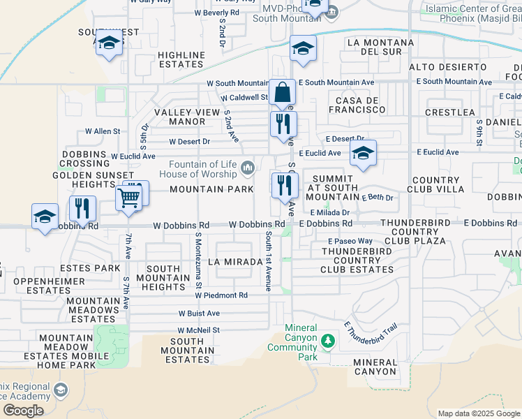 map of restaurants, bars, coffee shops, grocery stores, and more near 120 West Dobbins Road in Phoenix