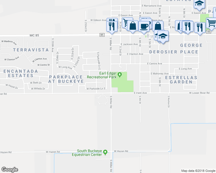 map of restaurants, bars, coffee shops, grocery stores, and more near 9107 South Parkside Lane East in Buckeye