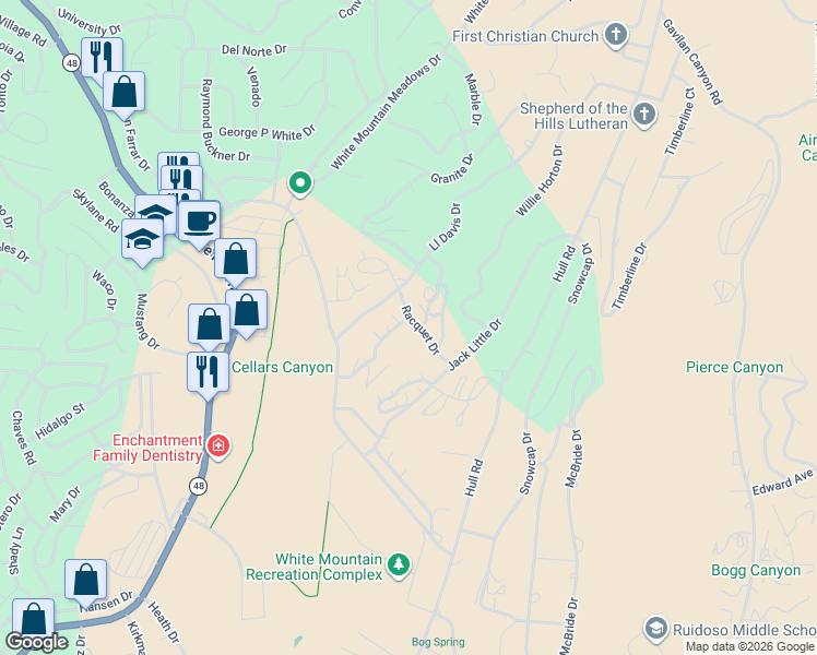 map of restaurants, bars, coffee shops, grocery stores, and more near 202 Racquet Drive in Ruidoso