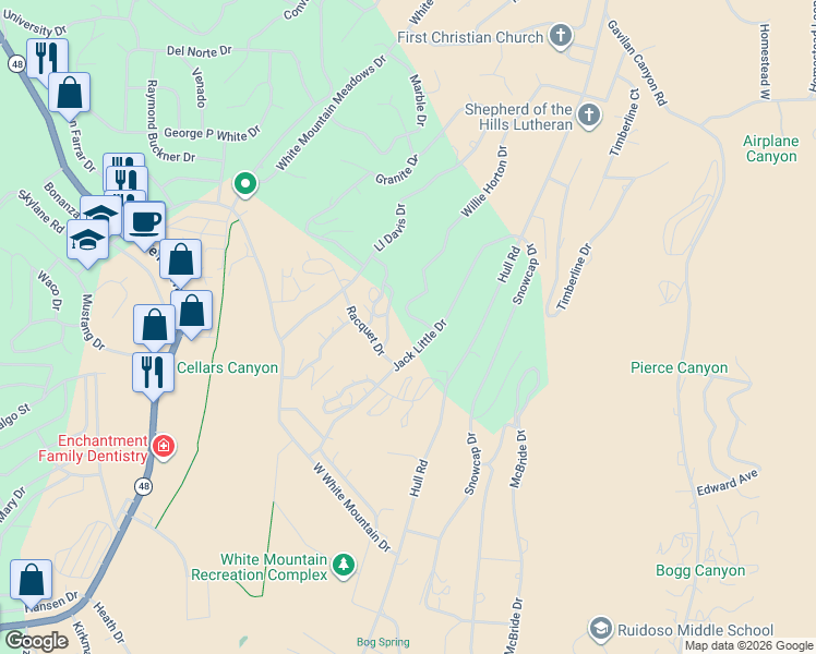 map of restaurants, bars, coffee shops, grocery stores, and more near 100 Willie Horton Drive in Ruidoso