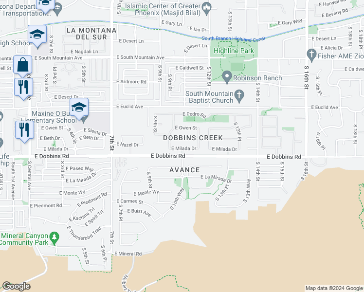 map of restaurants, bars, coffee shops, grocery stores, and more near 1102 East Milada Drive in Phoenix
