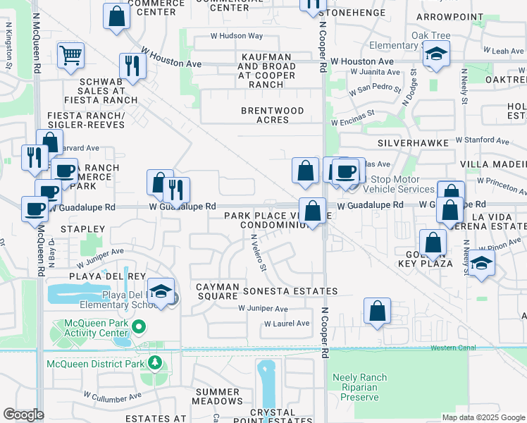 map of restaurants, bars, coffee shops, grocery stores, and more near 966 West Aspen Way in Gilbert