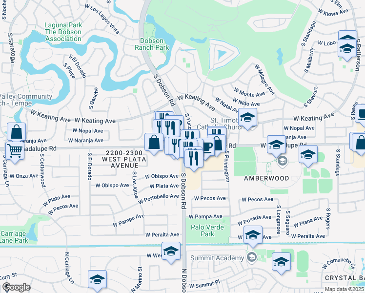 map of restaurants, bars, coffee shops, grocery stores, and more near South Dobson Road & West Guadalupe Road in Mesa