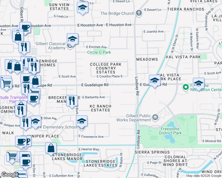 map of restaurants, bars, coffee shops, grocery stores, and more near 729 North Riata Street in Gilbert