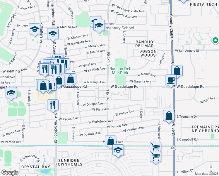 map of restaurants, bars, coffee shops, grocery stores, and more near 737 West Guadalupe Road in Mesa