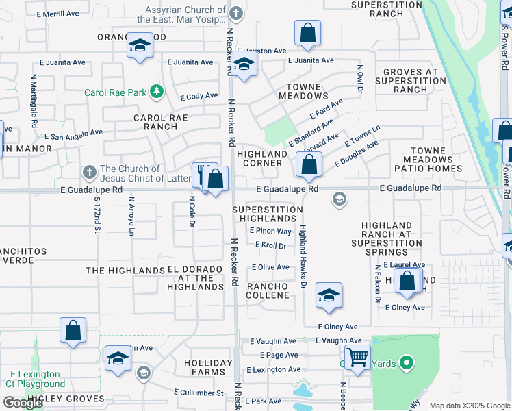map of restaurants, bars, coffee shops, grocery stores, and more near 4048 East Aspen Way in Gilbert